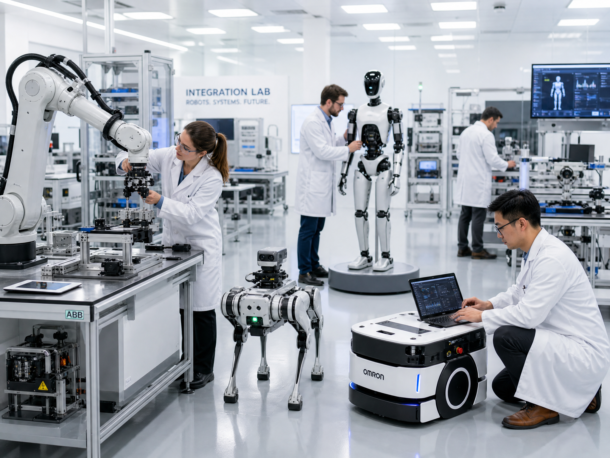 Engineers working alongside robots in a bright integration lab